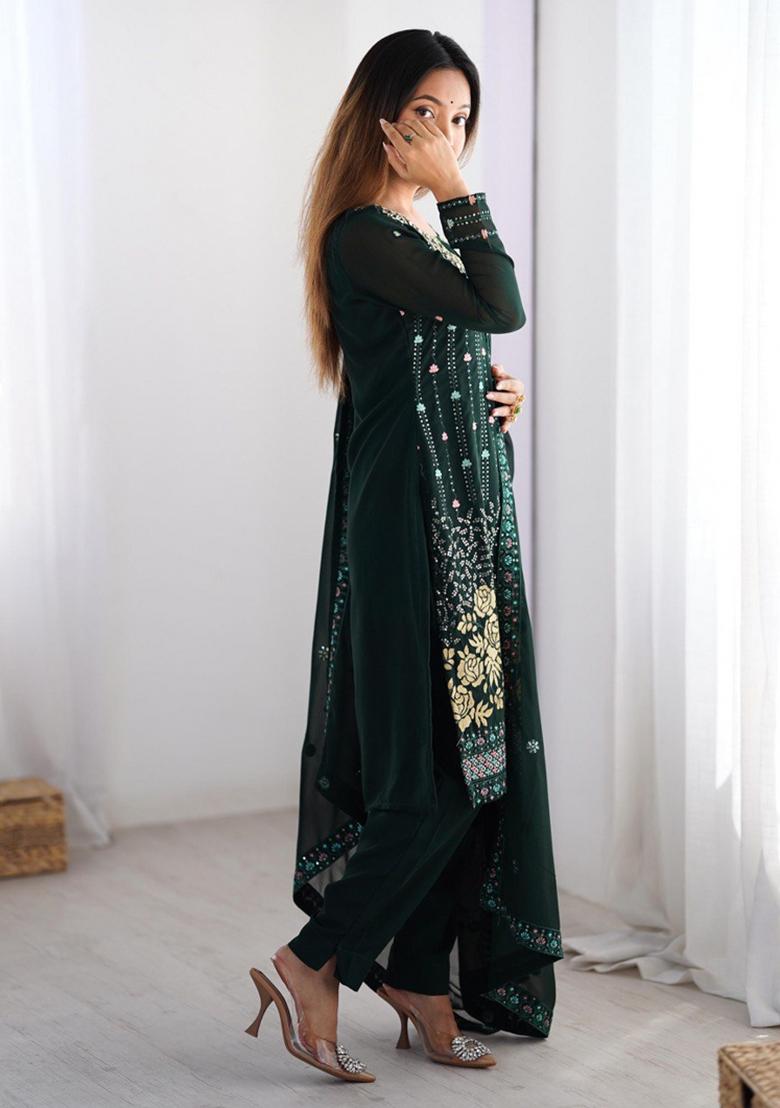 Green Georgette Sequin Embroidered Salwar Kameez With Dupptta