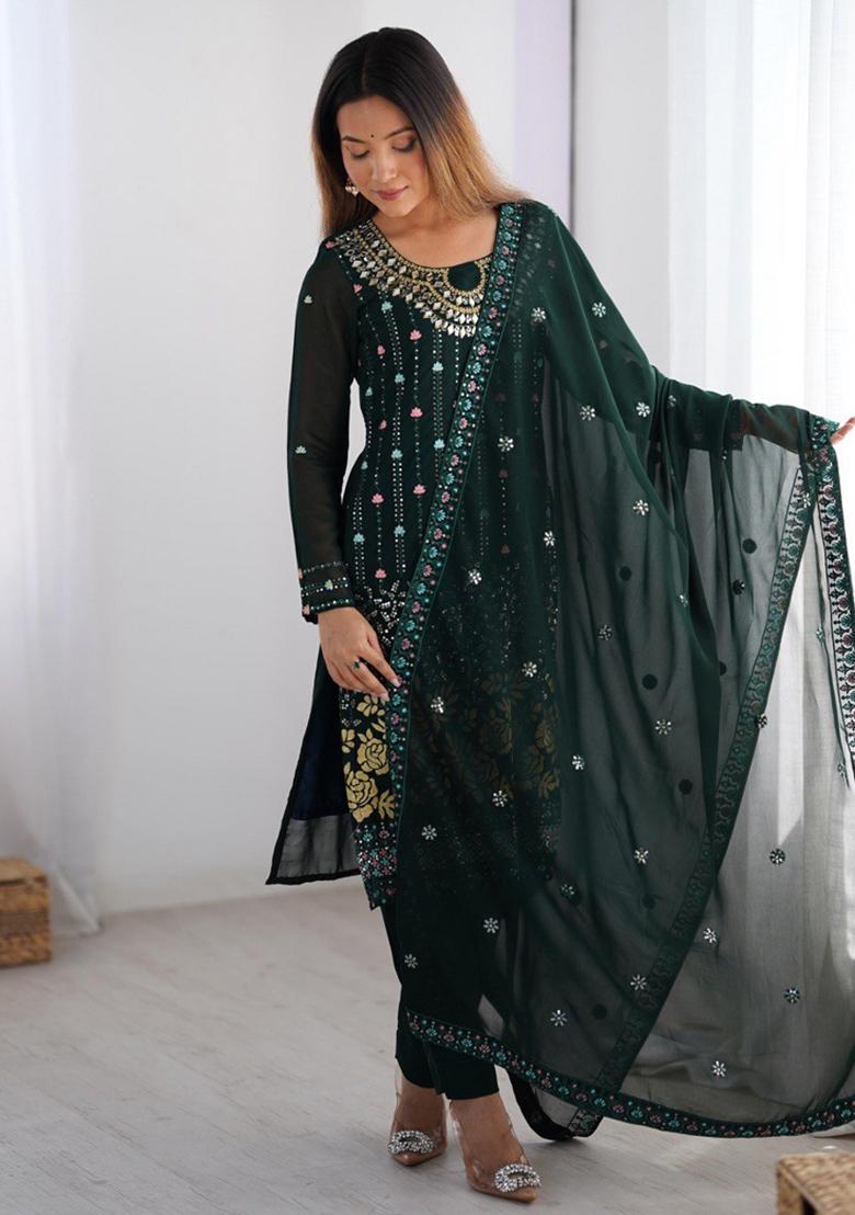 Green Georgette Sequin Embroidered Salwar Kameez With Dupptta