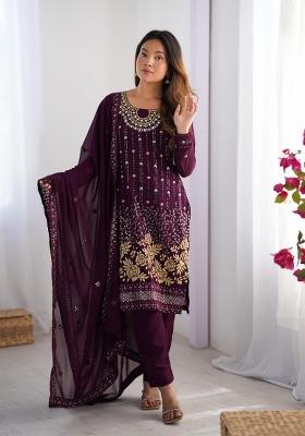 Wine Georgette Sequin Embroidered Salwar Kameez With Dupptta