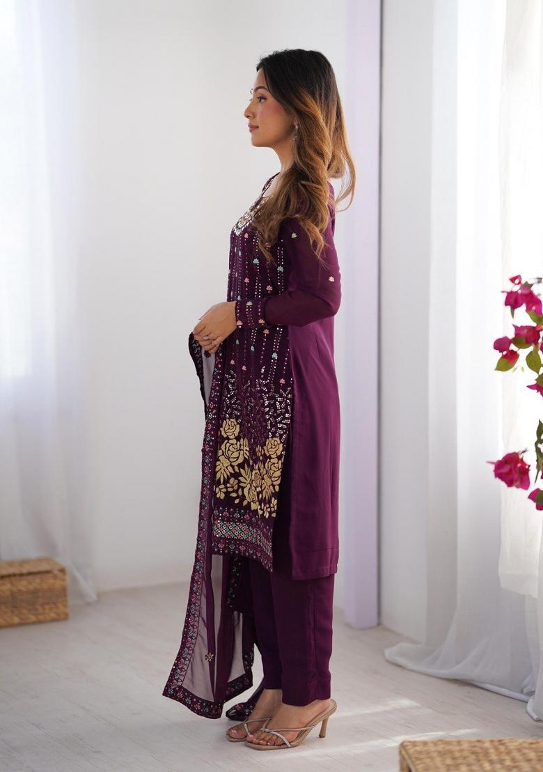Wine Georgette Sequin Embroidered Salwar Kameez With Dupptta