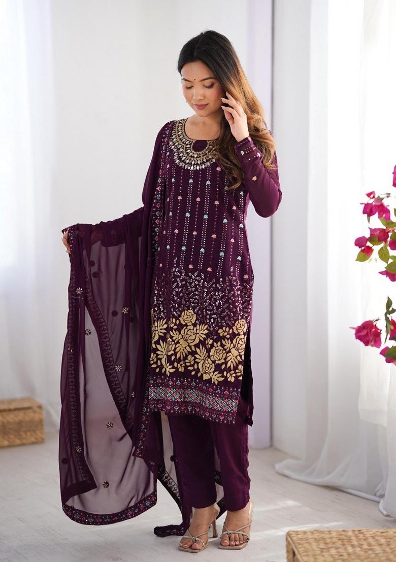Wine Georgette Sequin Embroidered Salwar Kameez With Dupptta