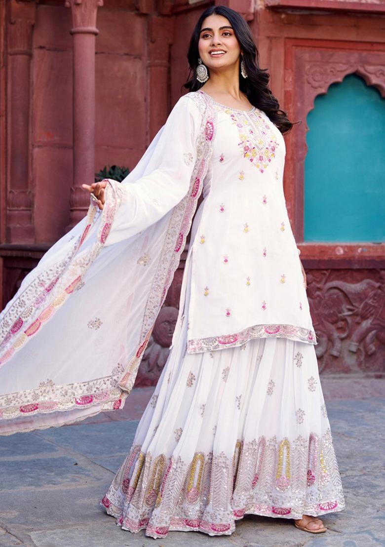 White Georgette Sequin Embroidered Salwar Kameez