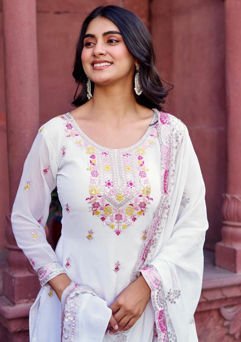 White Georgette Sequin Embroidered Salwar Kameez