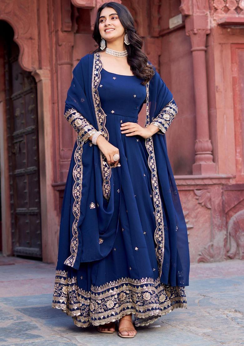 Blue Georgette Sequin Embroidered Salwar Kameez With Dupptta