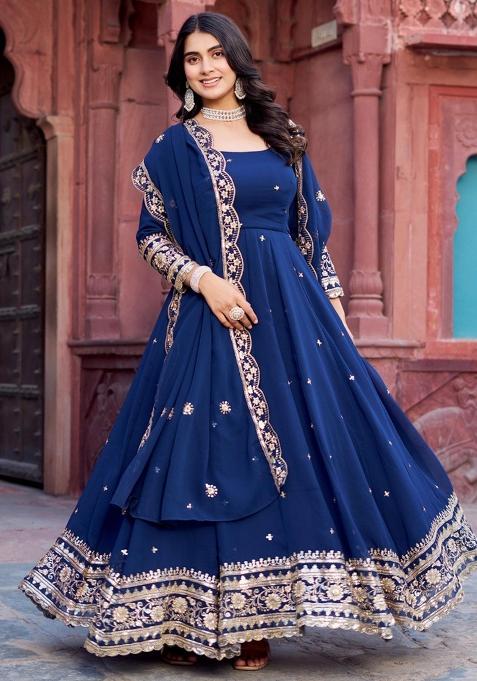 Blue Georgette Sequin Embroidered Salwar Kameez With Dupptta