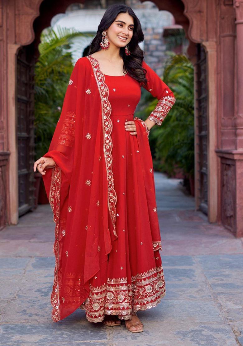 Red Georgette Sequin Embroidered Salwar Kameez With Dupptta