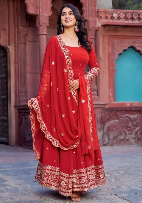 Red Georgette Sequin Embroidered Salwar Kameez With Dupptta