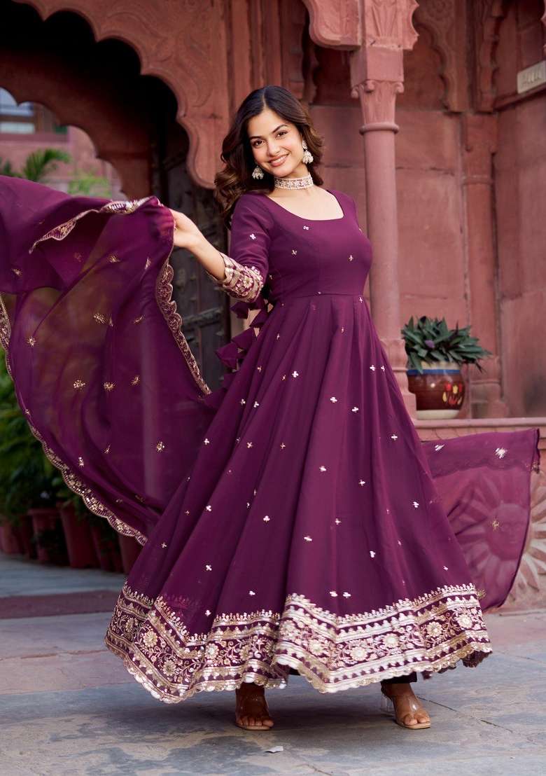 Wine Embroidered Georgette Anarkali Set - Indya