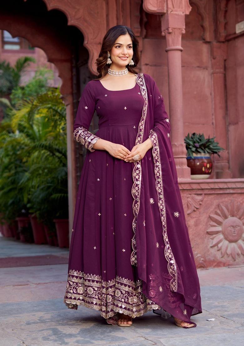 Wine Georgette Sequin Embroidered Salwar Kameez With Dupptta