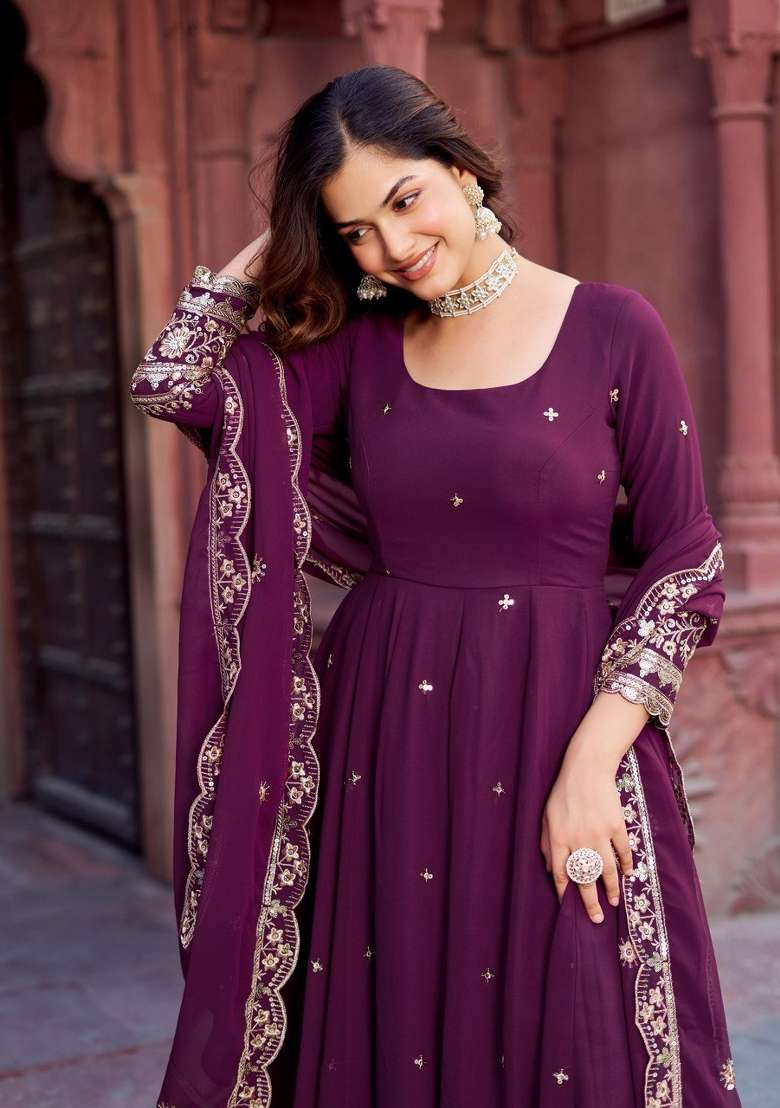 Wine Embroidered Georgette Anarkali Set - Indya