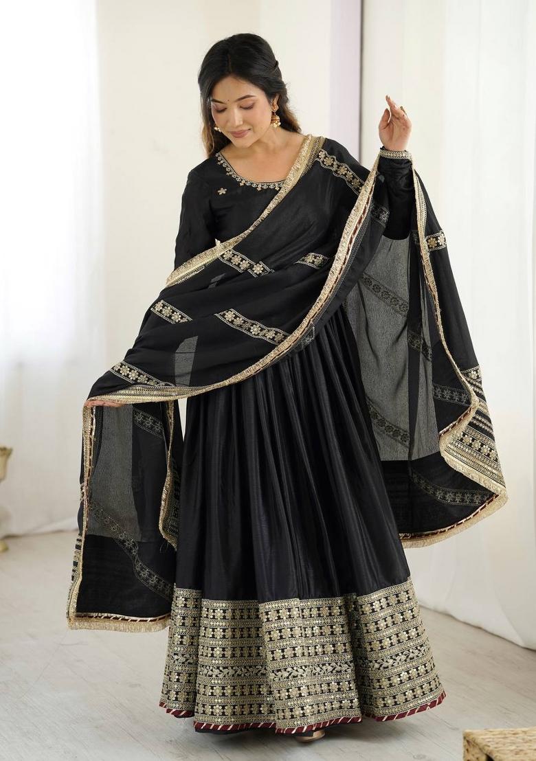 Black Silk Sequin Embroidered Salwar Kameez With Dupptta
