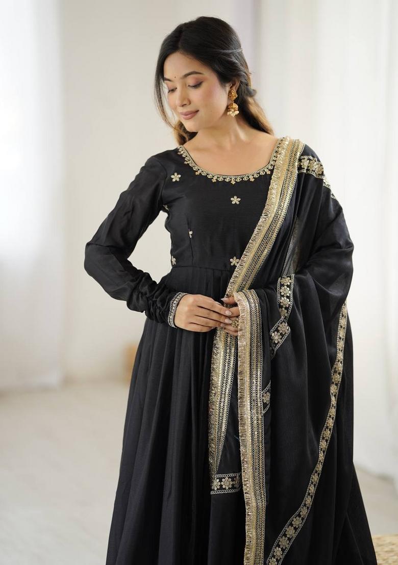 Black Silk Sequin Embroidered Salwar Kameez With Dupptta