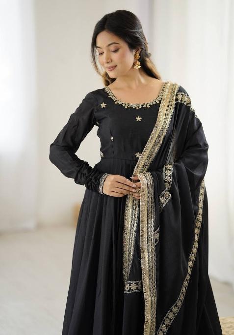 Black Silk Sequin Embroidered Salwar Kameez With Dupptta