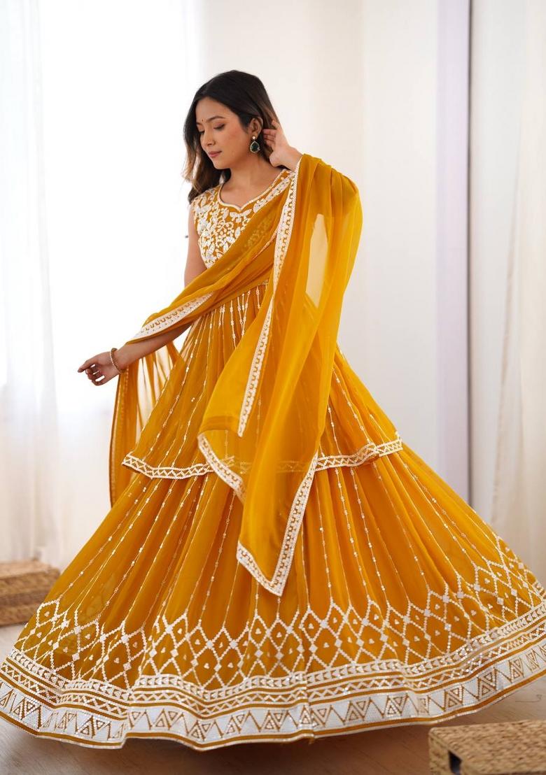 Yellow Georgette Sequin Embroidered Salwar Kameez With Dupptta