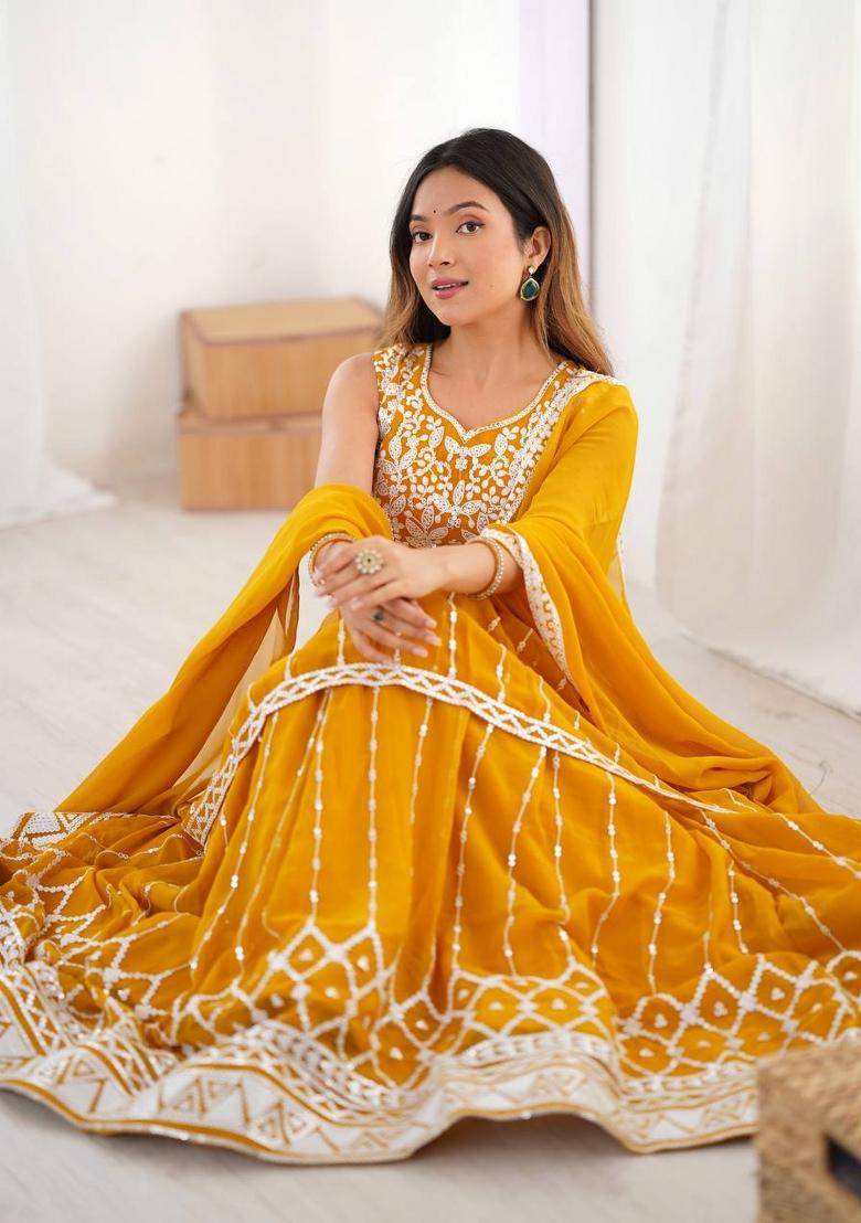 Yellow Georgette Sequin Embroidered Salwar Kameez With Dupptta