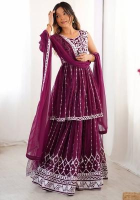 Wine Georgette Sequin Embroidered Salwar Kameez