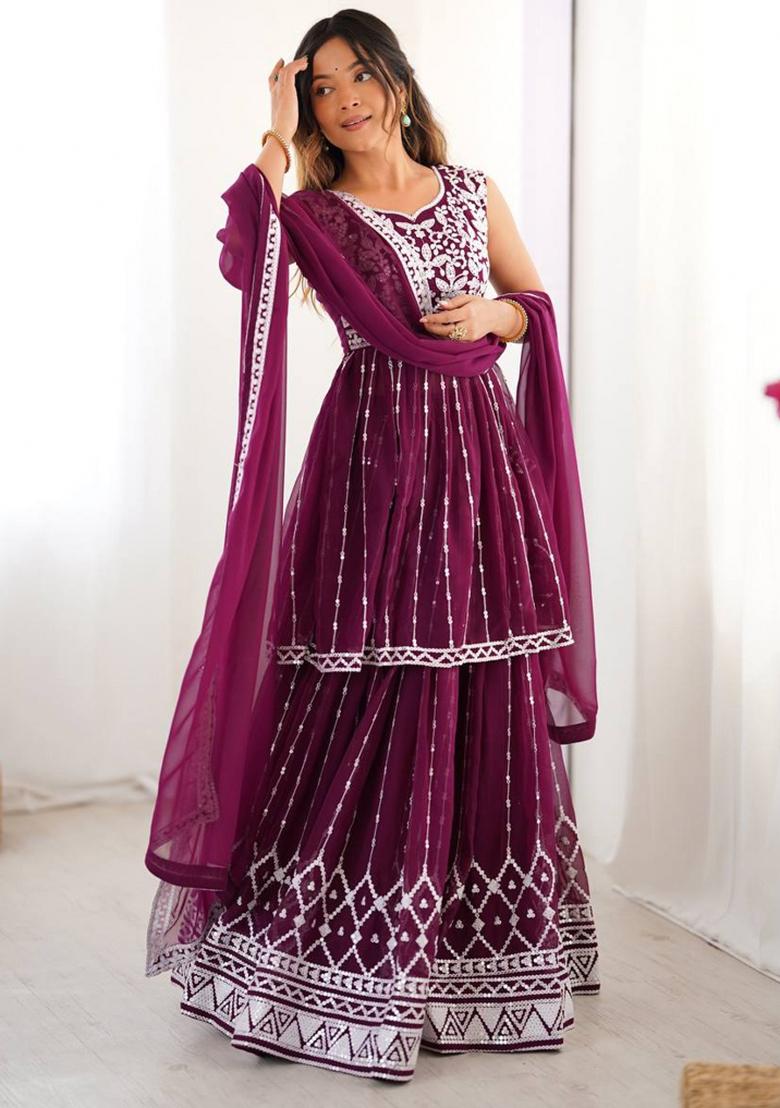 Wine Georgette Sequin Embroidered Salwar Kameez