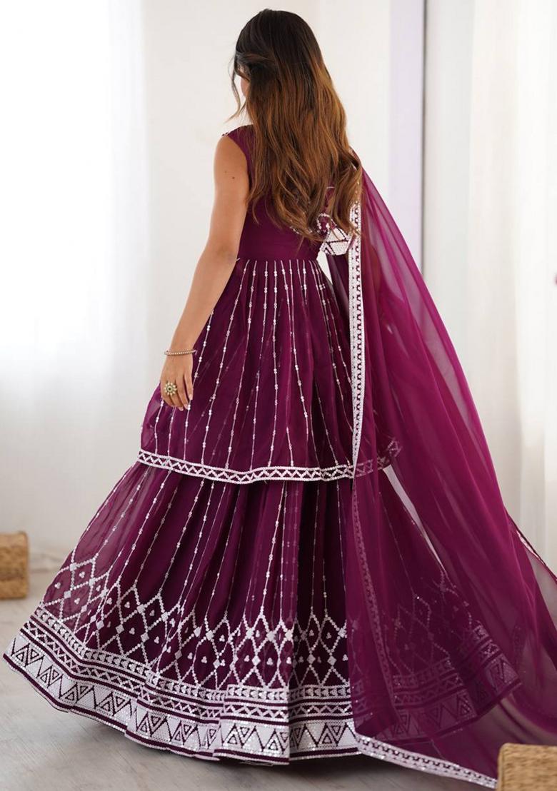 Wine Georgette Sequin Embroidered Salwar Kameez