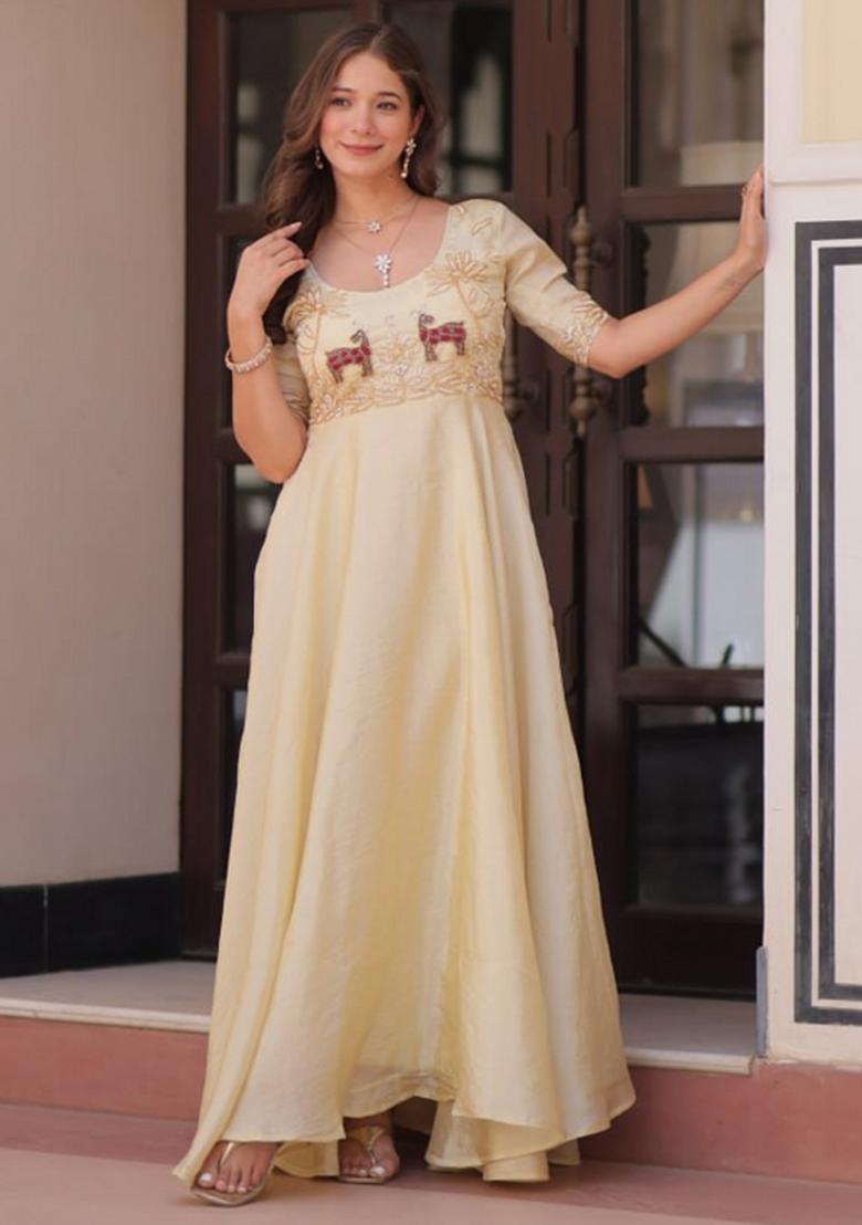 White Poly Blend Embroidered Anarkali