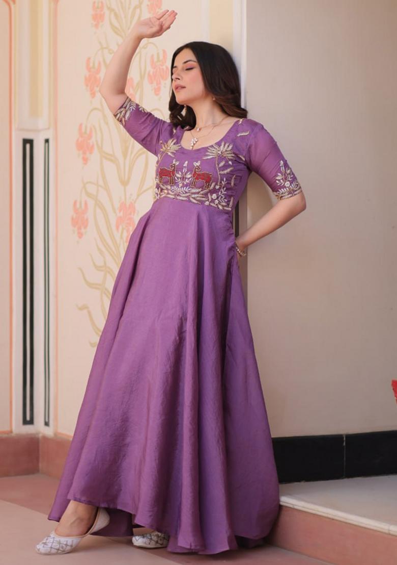 Lavender Poly Blend Embroidered Anarkali