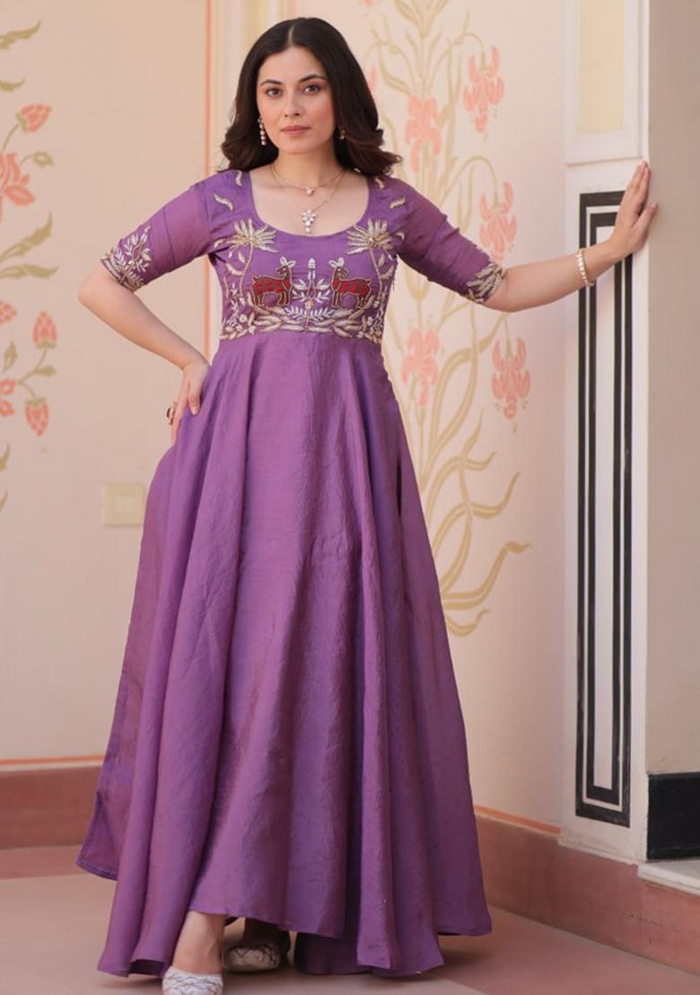 Lavender Poly Blend Embroidered Anarkali
