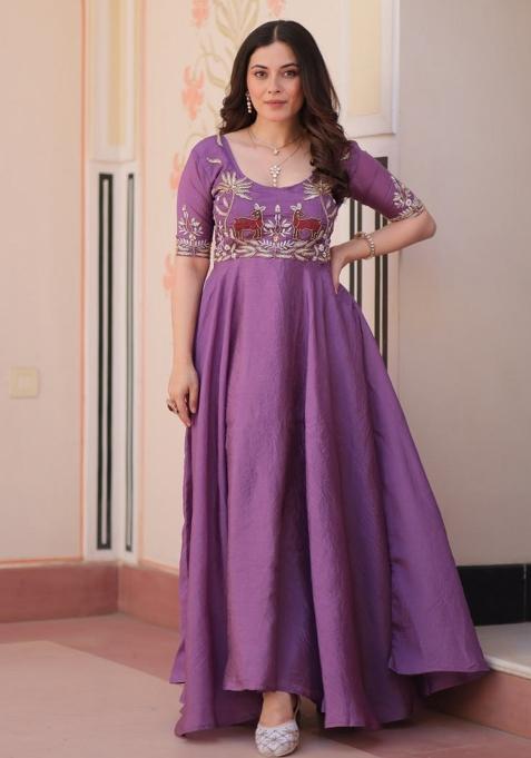 Lavender Poly Blend Embroidered Anarkali