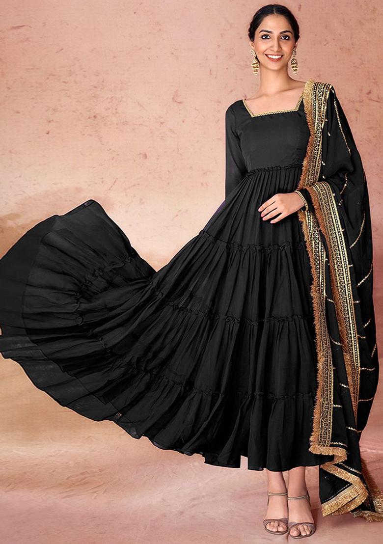 Black Embroidered Georgette Anarkali Set With Dupatta