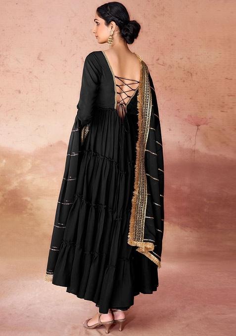 Black Embroidered Georgette Anarkali Set With Dupatta