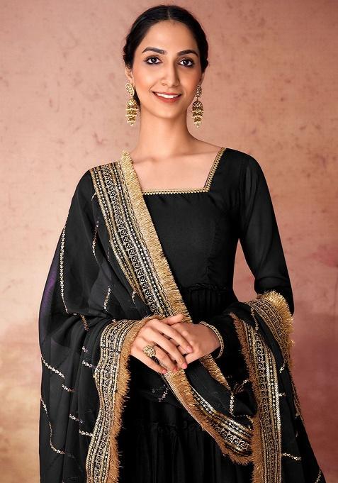 Black Embroidered Georgette Anarkali Set With Dupatta