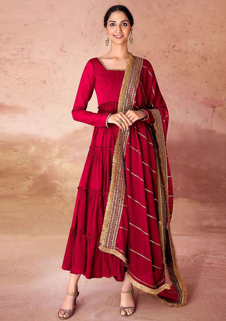 Maroon Embroidered Georgette Anarkali With Dupatta With Dupatta - Indya