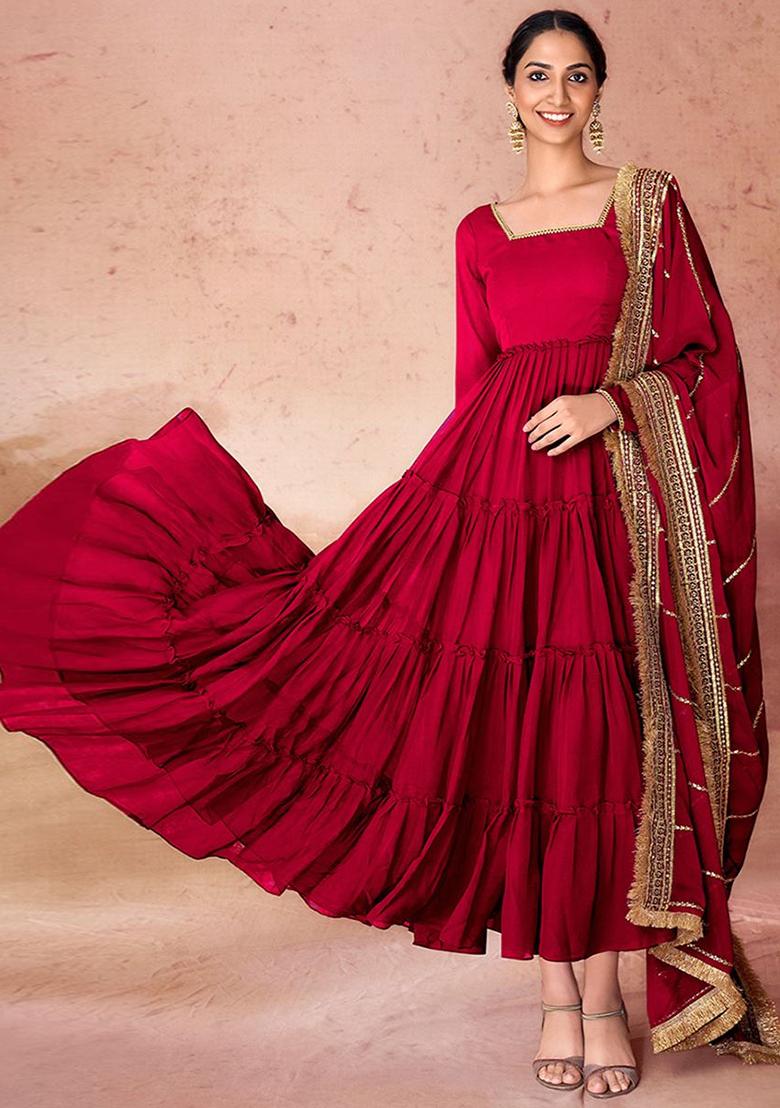 Maroon Embroidered Georgette Anarkali Set With Dupatta