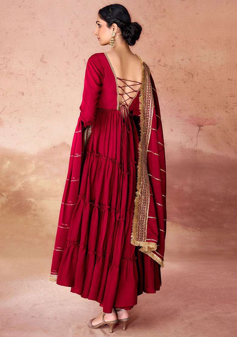 Maroon Embroidered Georgette Anarkali With Dupatta With Dupatta - Indya