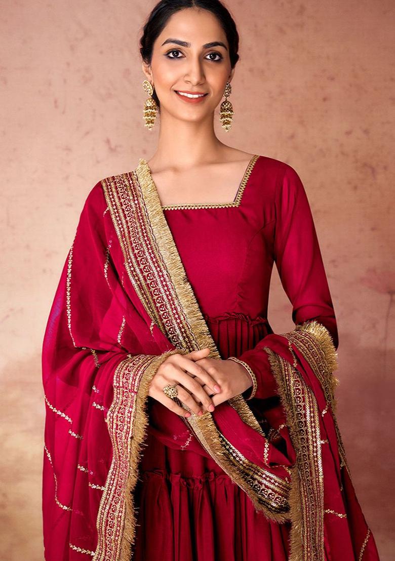 Maroon Embroidered Georgette Anarkali Set With Dupatta
