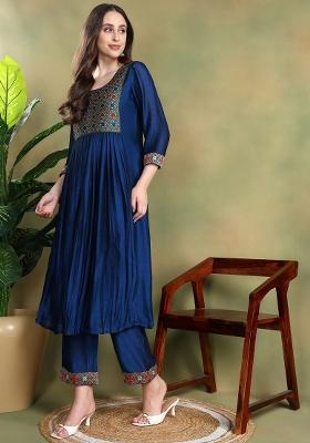 Navy Blue Embroidered Silk Salwar Kameez Set