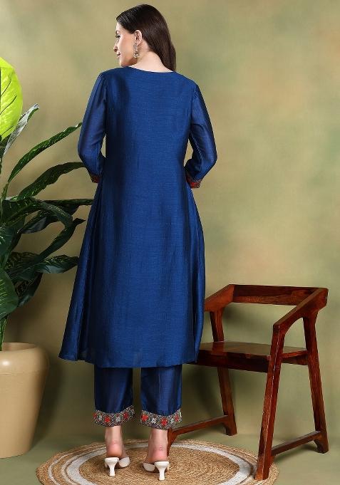 Navy Blue Embroidered Silk Salwar Kameez Set