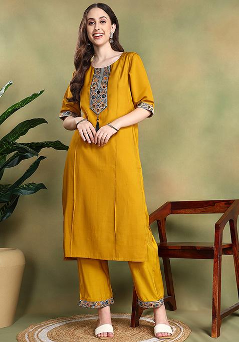 Mustard Embroidered Viscose Salwar Kameez Set