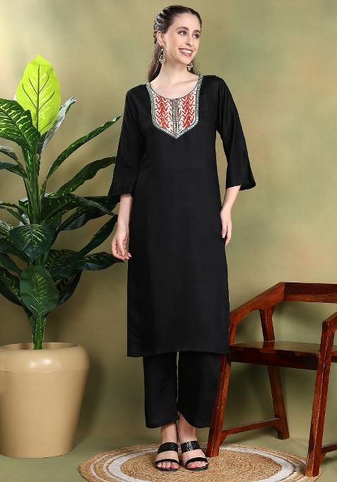 Black Embroidered Silk Salwar Kameez With Dupatta