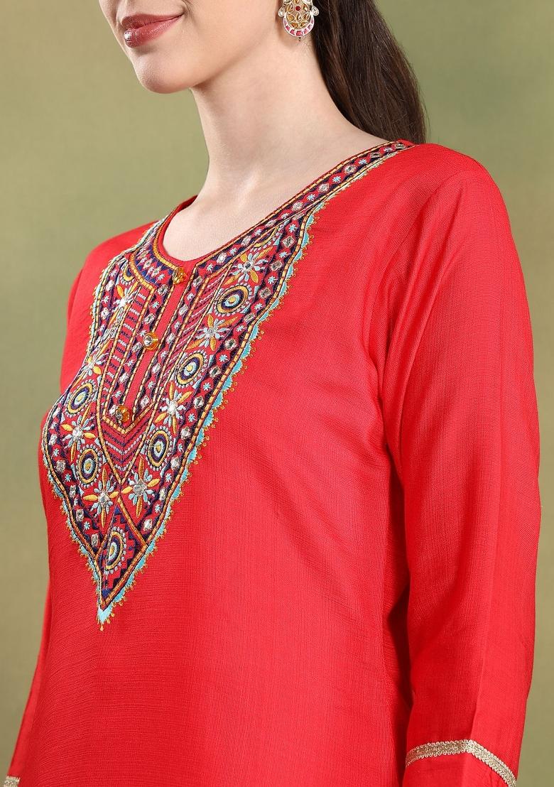 Red Embroidered Silk Salwar Kameez With Dupatta
