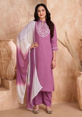 Lavender Embroidered Silk Salwar Kameez With Dupatta