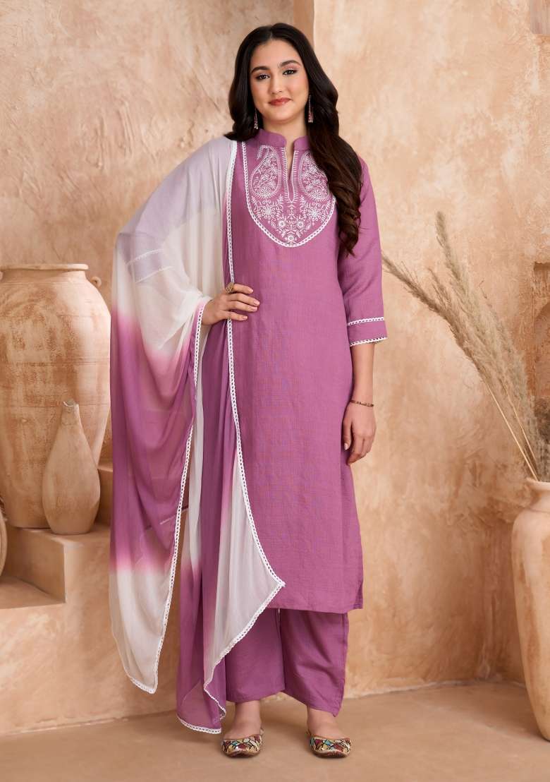 Lavender Embroidered Silk Salwar Kameez With Dupatta - Indya