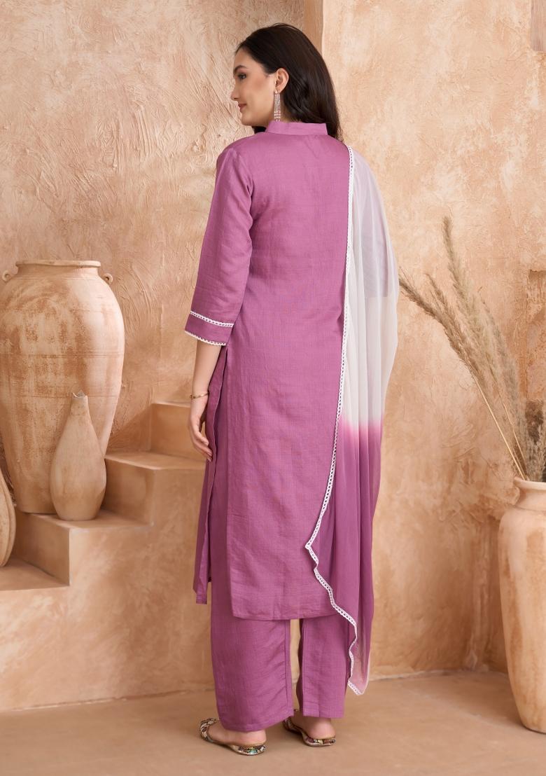 Lavender Embroidered Silk Salwar Kameez With Dupatta