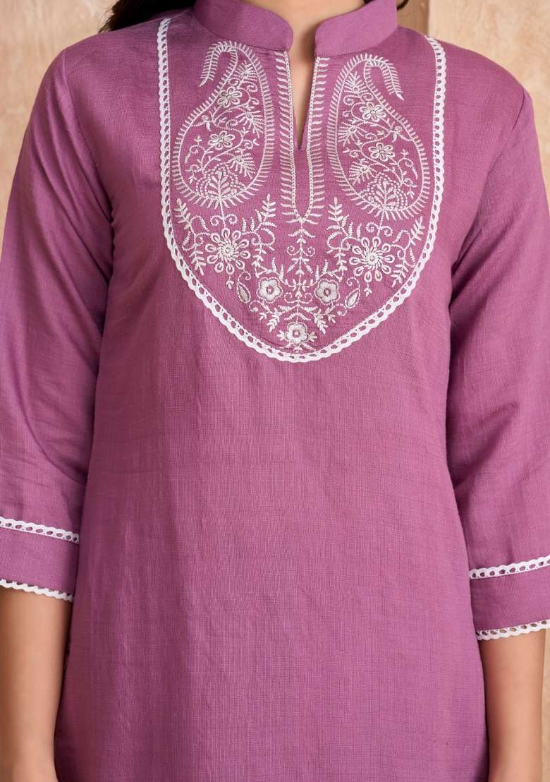 Lavender Embroidered Silk Salwar Kameez With Dupatta - Indya