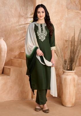 Green Embroidered Silk Salwar Kameez With Dupatta