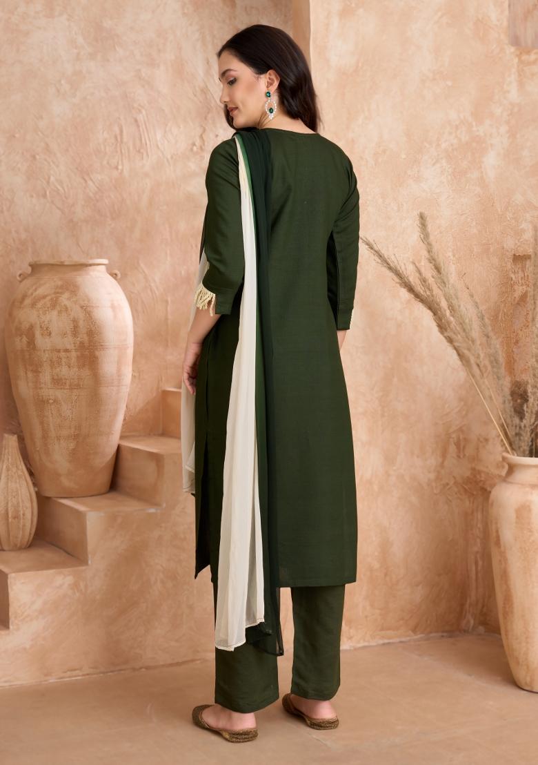 Green Embroidered Silk Salwar Kameez With Dupatta