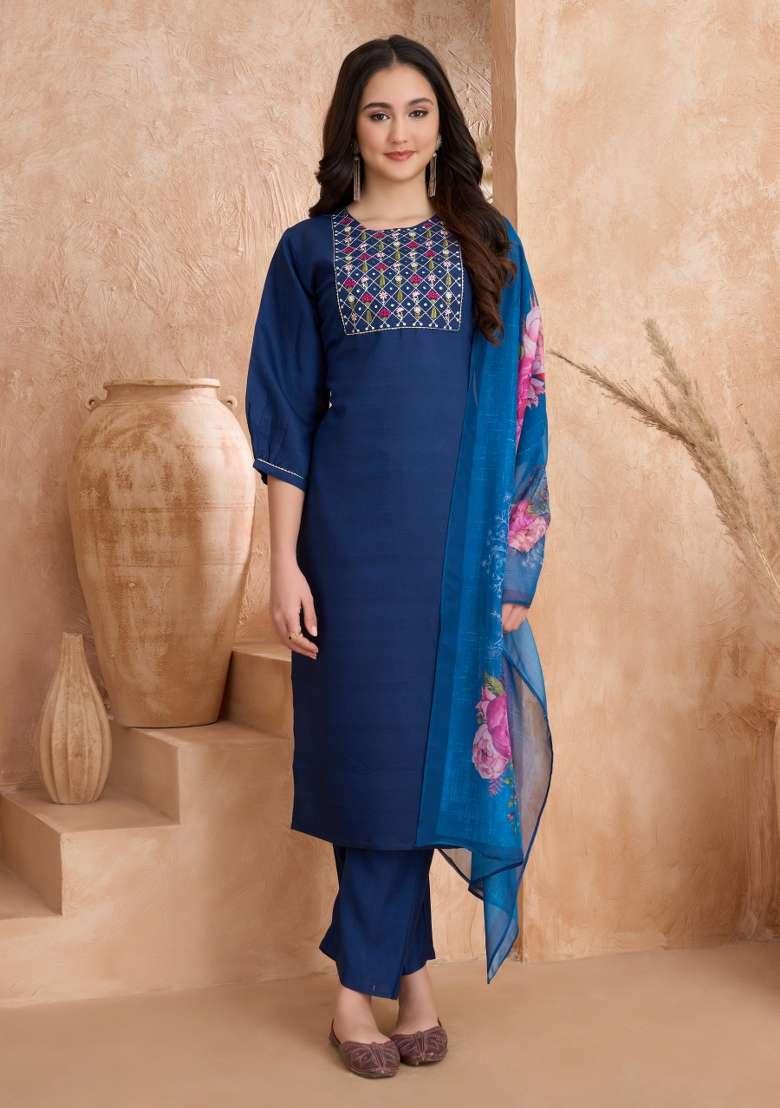 Blue Embroidered Silk Salwar Kameez With Dupatta - Indya