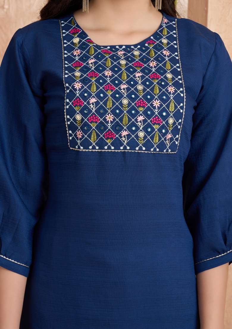 Blue Embroidered Silk Salwar Kameez With Dupatta - Indya
