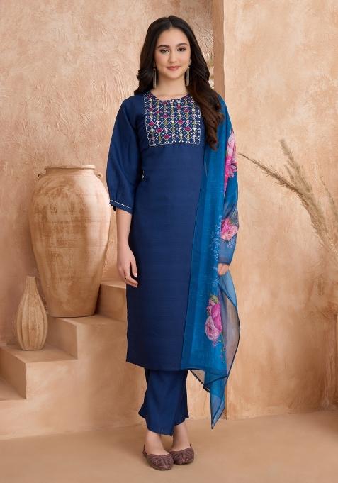 Blue Embroidered Silk Salwar Kameez With Dupatta
