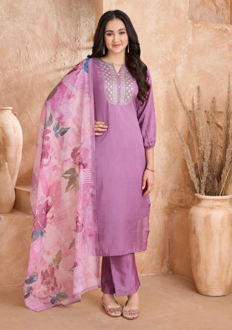Lavender Embroidered Silk Salwar Kameez With Dupatta - Indya