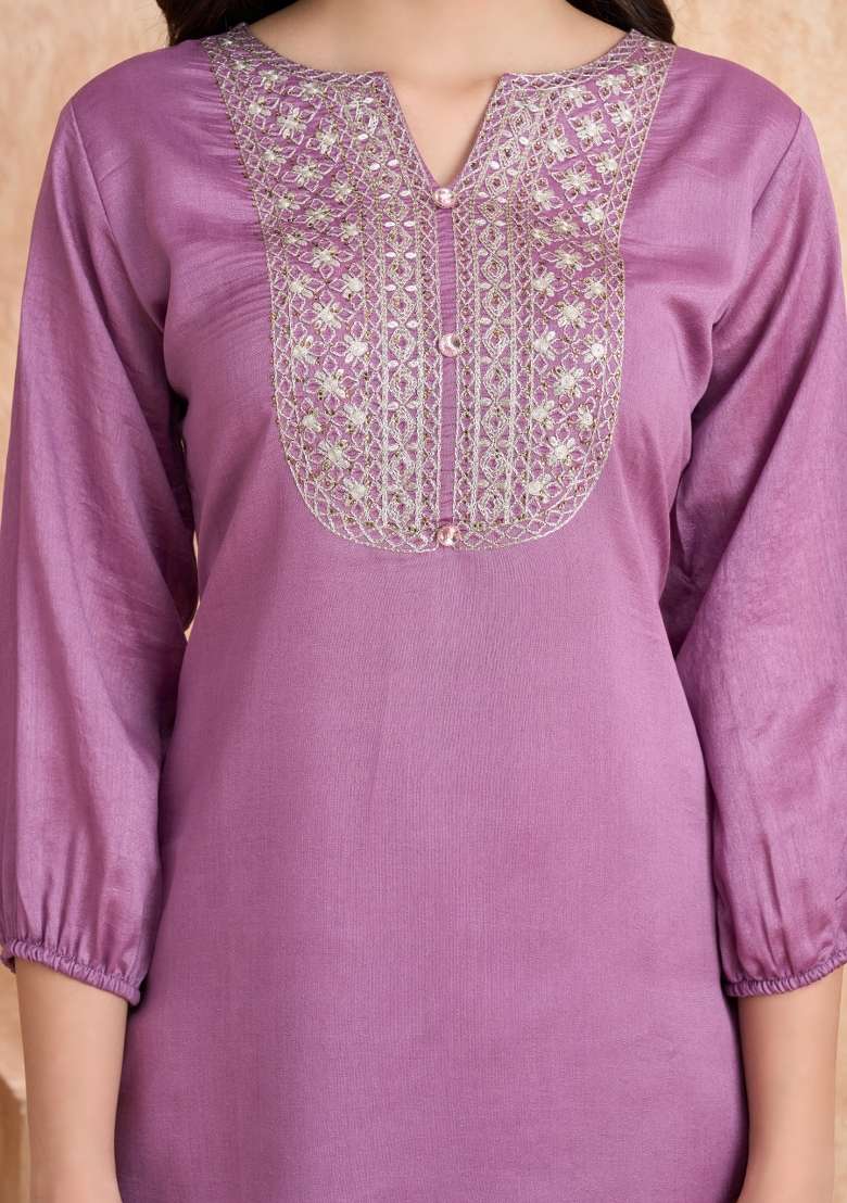 Lavender Embroidered Silk Salwar Kameez With Dupatta - Indya