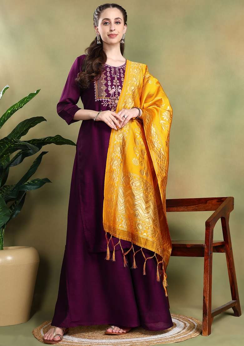 Wine Embroidered Silk Salwar Kameez With Dupatta - Indya